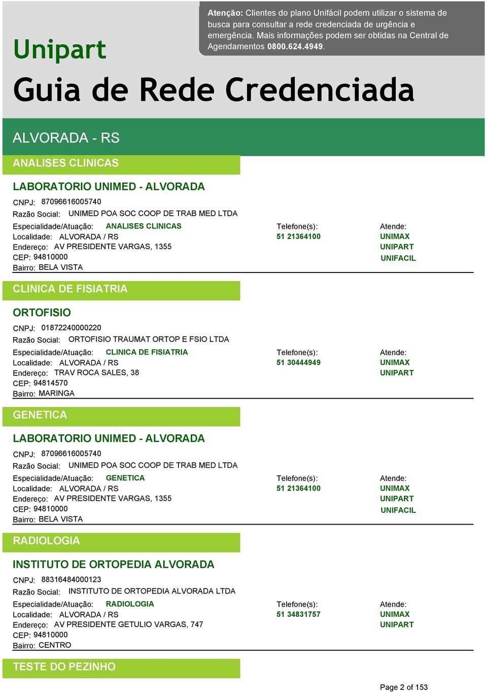 Guia de Rede Credenciada ALVORADA - RS ANALISES CLINICAS LABORATORIO UNIMED - ALVORADA CNPJ: 87096616005740 UNIMED POA SOC COOP DE TRAB MED LTDA Localidade: ALVORADA / RS 51 21364100 Endereço: AV