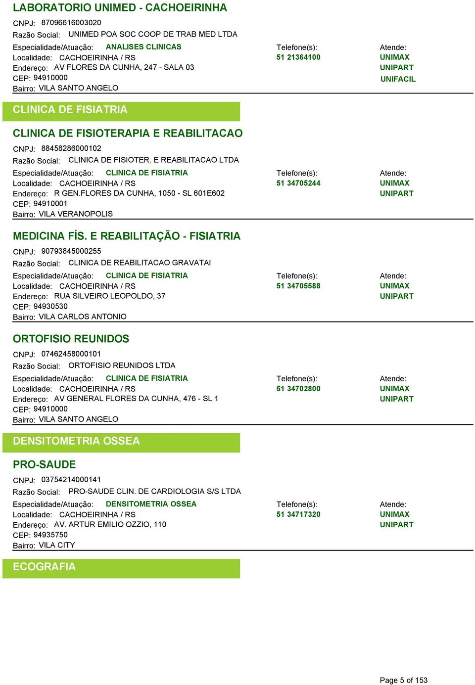 E REABILITACAO LTDA Especialidade/Atuação: CLINICA DE FISIATRIA Localidade: CACHOEIRINHA / RS 51 34705244 Endereço: R GEN.