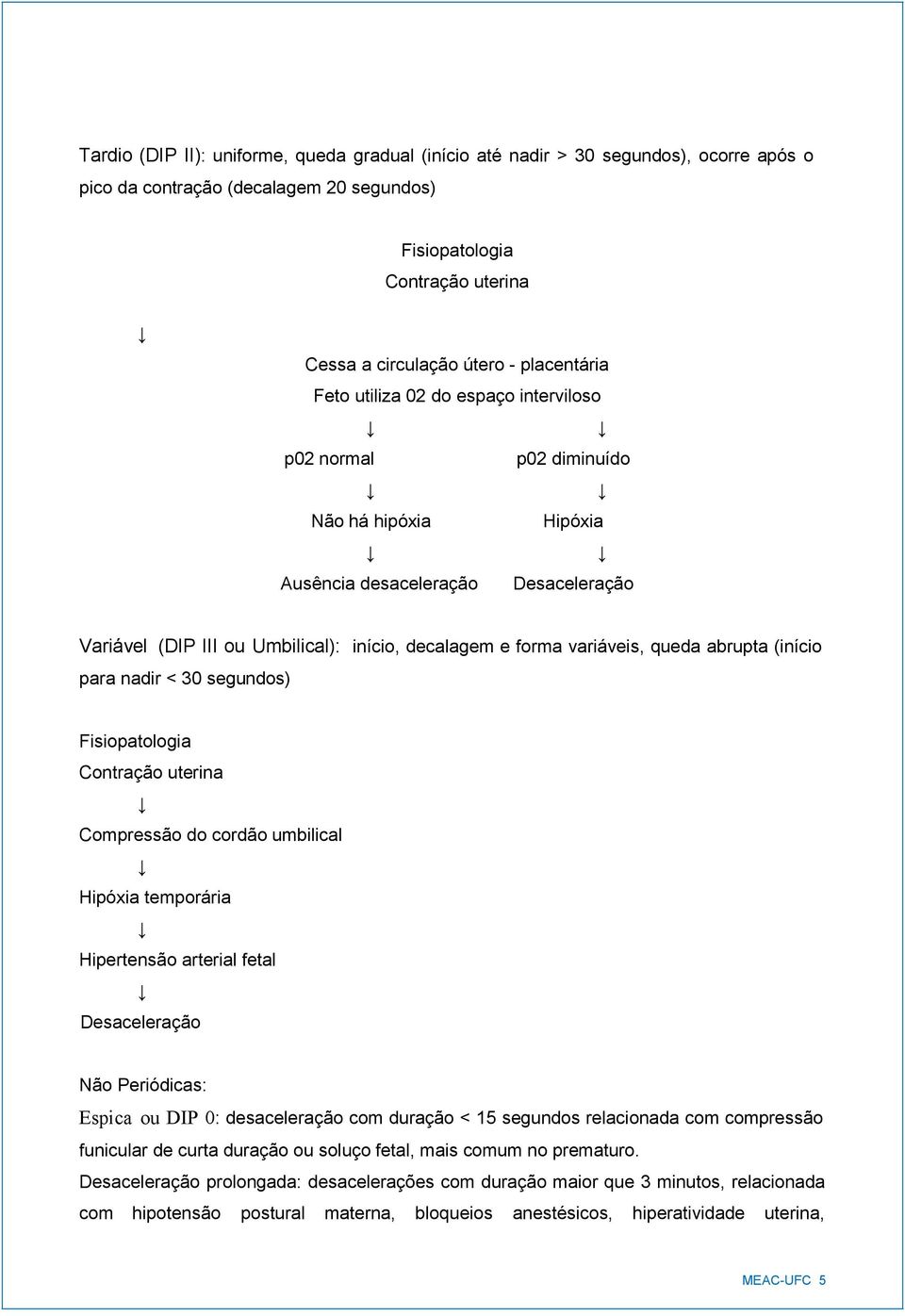 variáveis, queda abrupta (início para nadir < 30 segundos) Fisiopatologia Contração uterina Compressão do cordão umbilical Hipóxia temporária Hipertensão arterial fetal Desaceleração Não Periódicas: