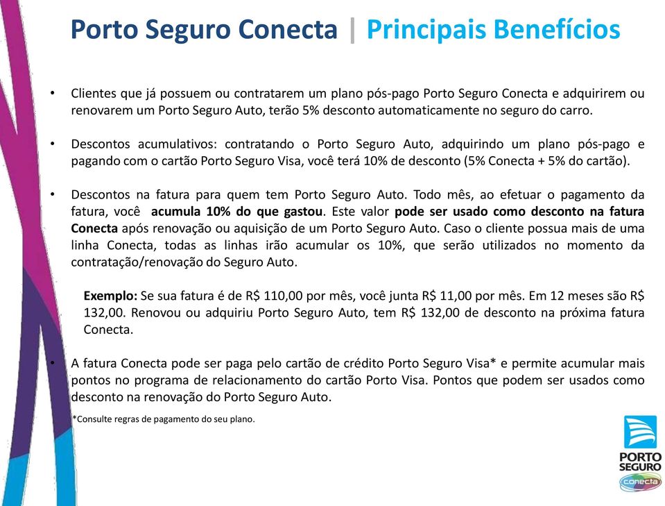 Descontos acumulativos: contratando o Porto Seguro Auto, adquirindo um plano pós-pago e pagando com o cartão Porto Seguro Visa, você terá 10% de desconto (5% Conecta + 5% do cartão).