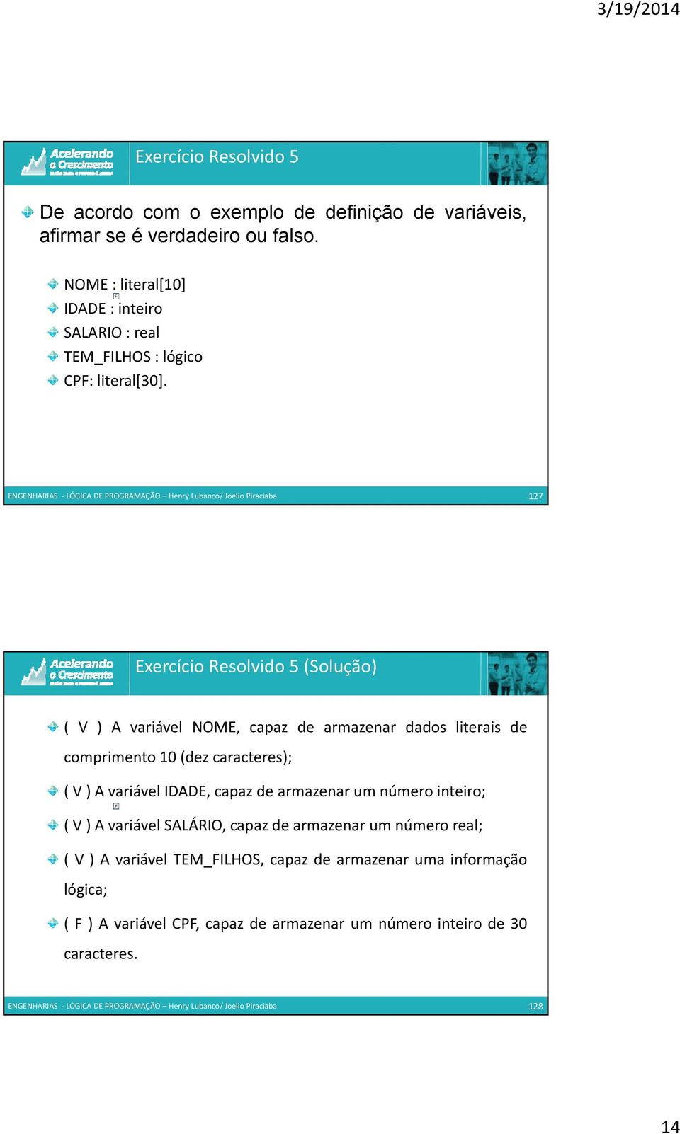 127 Exercício Resolvido 5 (Solução) ( V ) A variável NOME, capaz de armazenar dados literais de comprimento 10 (dez caracteres); ( V ) A variável