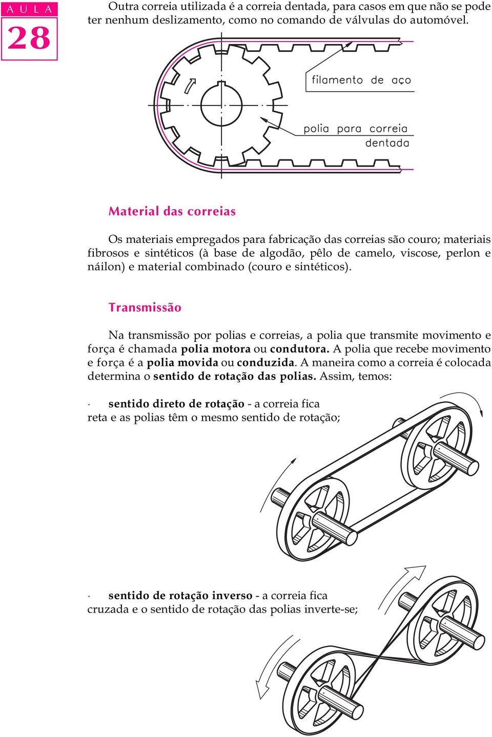 combinado (couro e sintéticos). Transmissão Na transmissão por polias e correias, a polia que transmite movimento e força é chamada polia motora ou condutora.