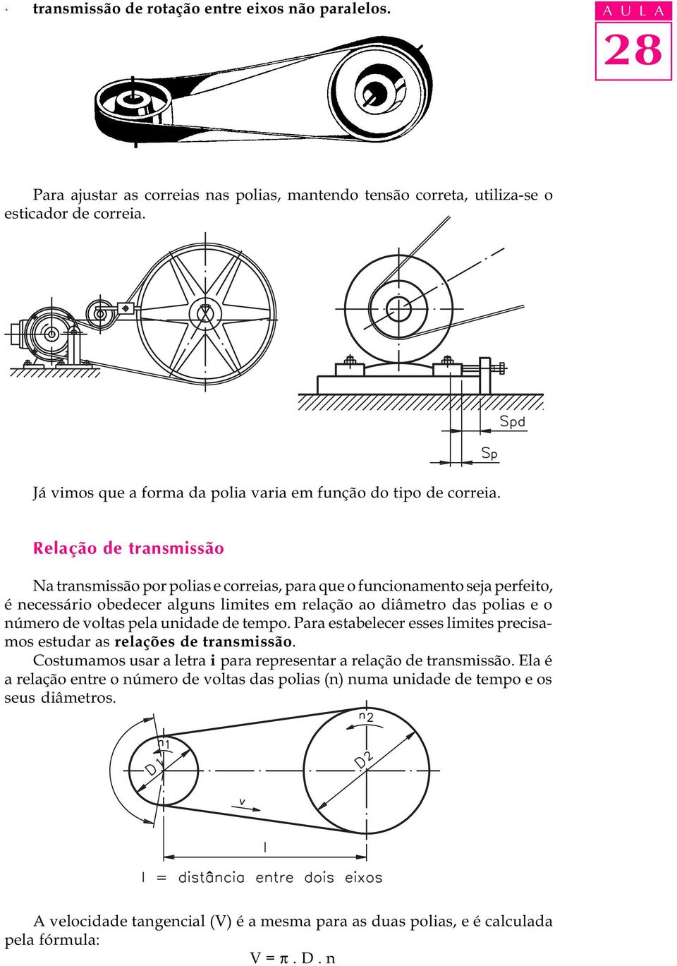 Relação de transmissão Na transmissão por polias e correias, para que o funcionamento seja perfeito, é necessário obedecer alguns limites em relação ao diâmetro das polias e o número de voltas