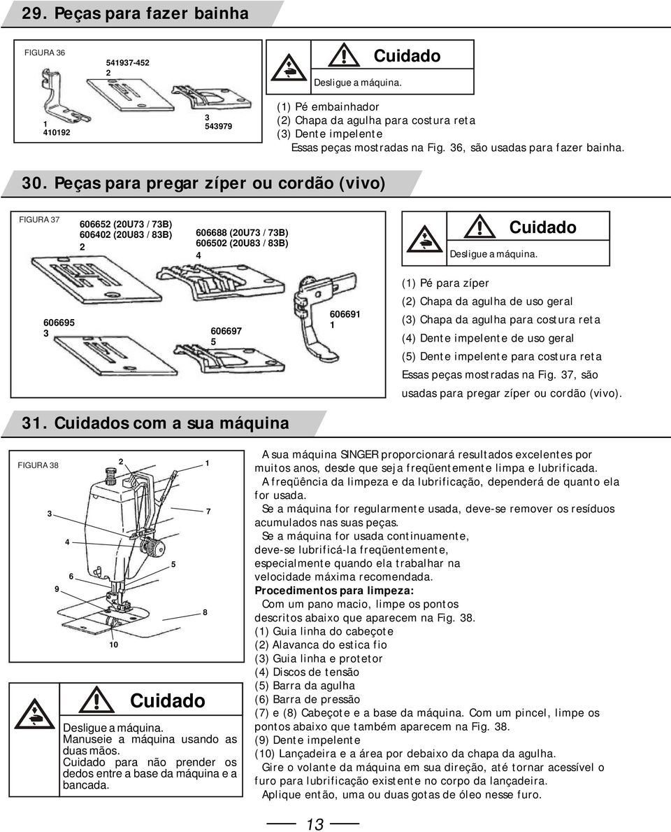 Cuidado () Pé para zíper 606695 606697 5 60669 () Chapa da agulha de uso geral () Chapa da agulha para costura reta () Dente impelente de uso geral (5) Dente impelente para costura reta Essas peças