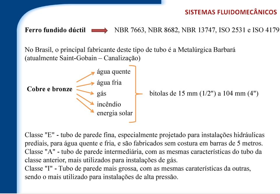 bitolas de 15 mm (1/2") a 104 mm (4") Classe "E" - tubo de parede fina, especialmente projetado para instalações hidráulicas prediais, para água quente e fria, e são fabricados sem