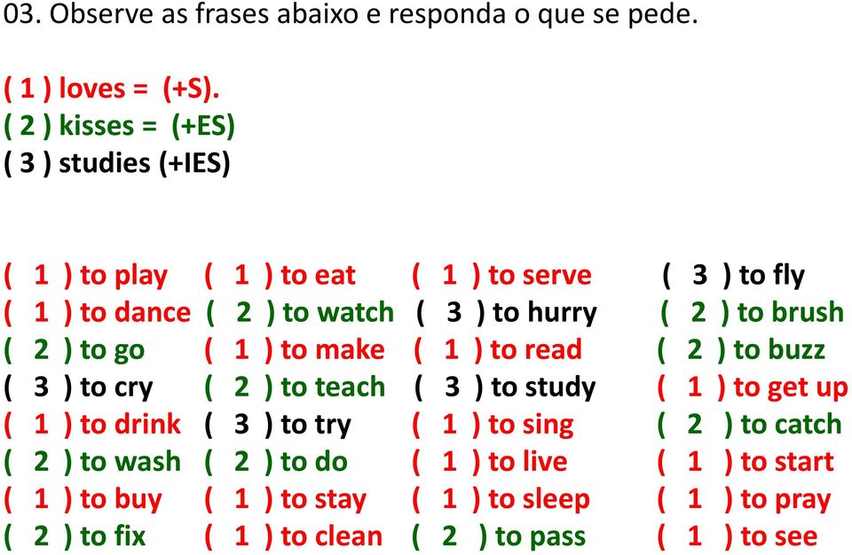 ( 2 ) to brush ( 2 ) to go ( 1 ) to make ( 1 ) to read ( 2 ) to buzz ( 3 ) to cry ( 2 ) to teach ( 3 ) to study ( 1 ) to get up ( 1 ) to