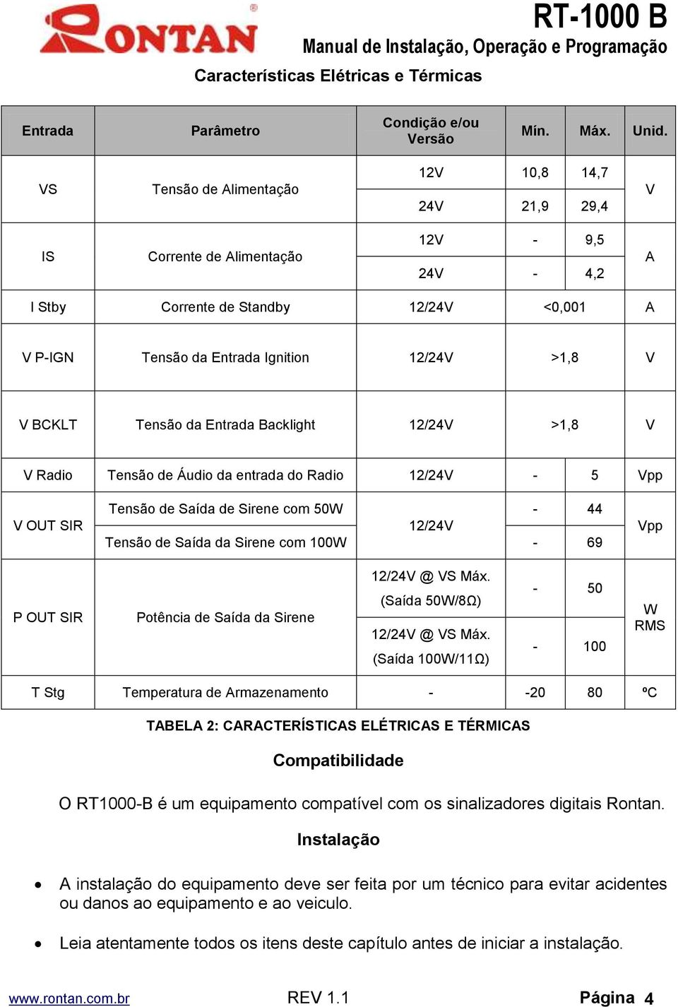 BCKLT Tensão da Entrada Backlight 12/24V >1,8 V V Radio Tensão de Áudio da entrada do Radio 12/24V - 5 Vpp V OUT SIR Tensão de Saída de Sirene com 50W - 44 12/24V Tensão de Saída da Sirene com 100W -