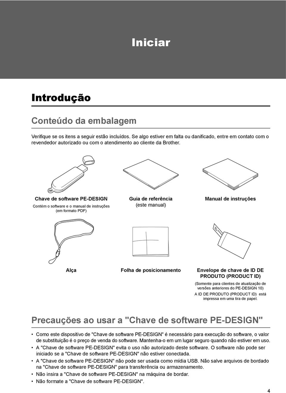 Chave de software PE-DESIGN Contém o software e o manual de instruções (em formato PDF) Guia de referência (este manual) Manual de instruções Alça Folha de posicionamento Envelope de chave de ID DE