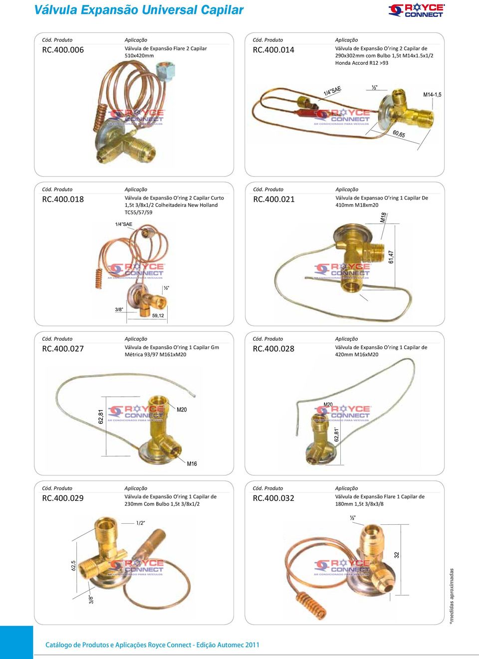 400.027 Válvula de Expansão O ring 1 Capilar Gm Métrica 93/97 M161xM20 RC.400.028 Válvula de Expansão O ring 1 Capilar de 420mm M16xM20 RC.400.029 Válvula de Expansão O ring 1 Capilar de 230mm Com Bulbo 1,5t 3/8x1/2 RC.
