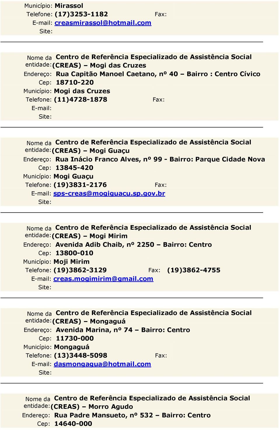 Inácio Franco Alves, nº 99 - Bairro: Parque Cidade Nova Cep: 13845-420 Município: Mogi Guaçu Telefone: (19)3831-2176 sps-creas@mogiguacu.sp.gov.