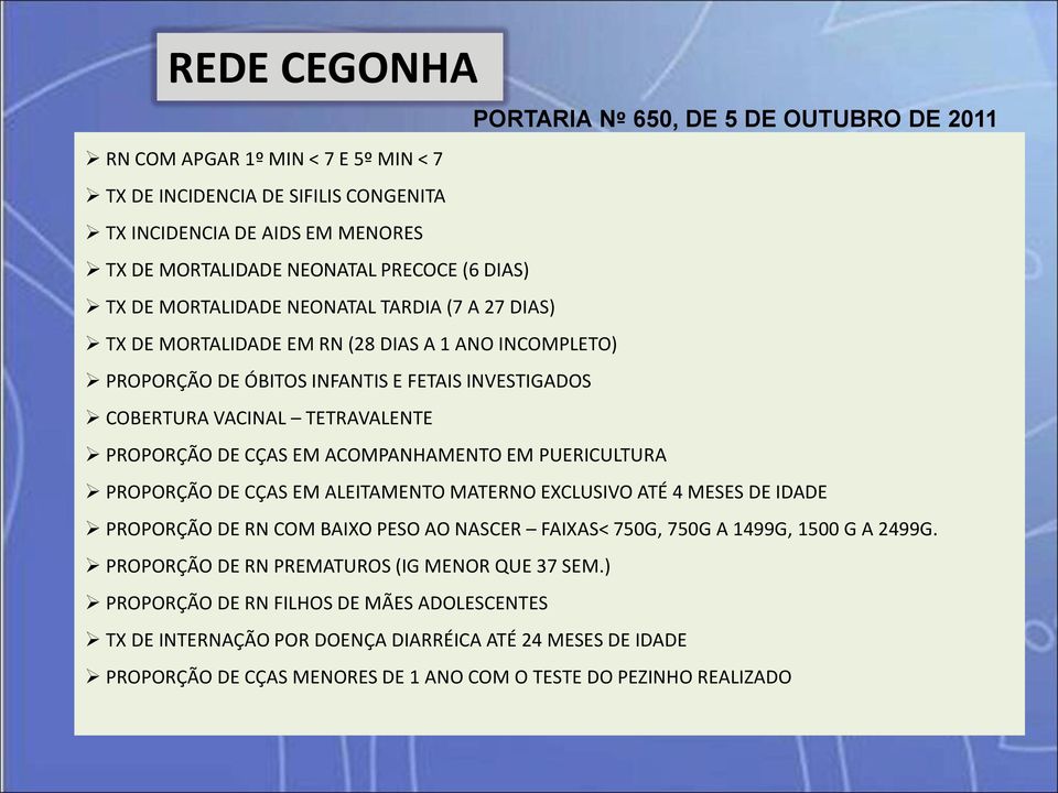 DE CÇAS EM ACOMPANHAMENTO EM PUERICULTURA PROPORÇÃO DE CÇAS EM ALEITAMENTO MATERNO EXCLUSIVO ATÉ 4 MESES DE IDADE PROPORÇÃO DE RN COM BAIXO PESO AO NASCER FAIXAS< 750G, 750G A 1499G, 1500 G A 2499G.