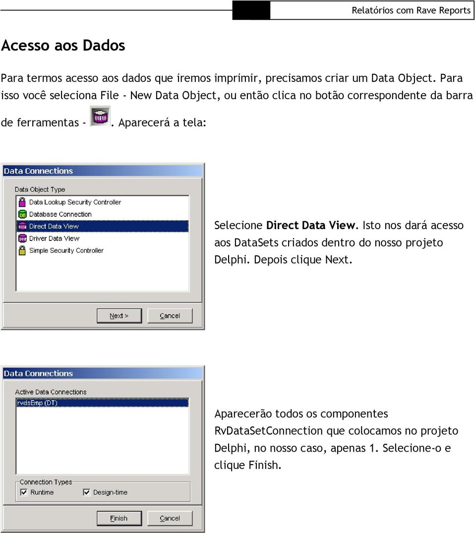 Aparecerá a tela: Selecione Direct Data View. Isto nos dará acesso aos DataSets criados dentro do nosso projeto Delphi.