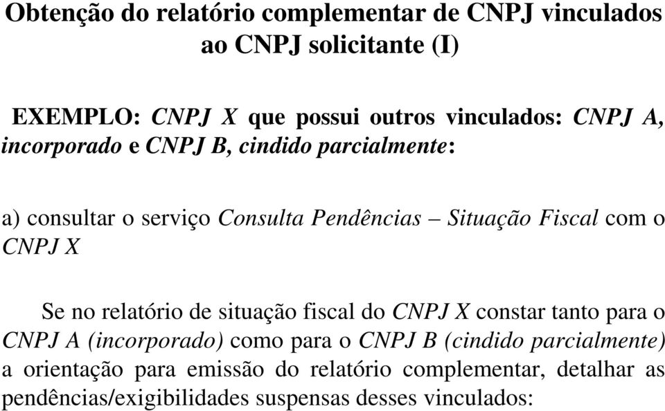 Se no relatório de situação fiscal do CNPJ X constar tanto para o CNPJ A (incorporado) como para o CNPJ B (cindido