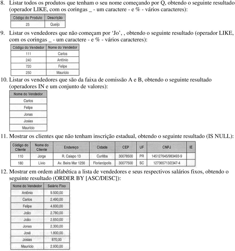 Listar os vendedores que são da faixa de comissão A e B, obtendo o seguinte resultado (operadores IN e um conjunto de valores): 11.