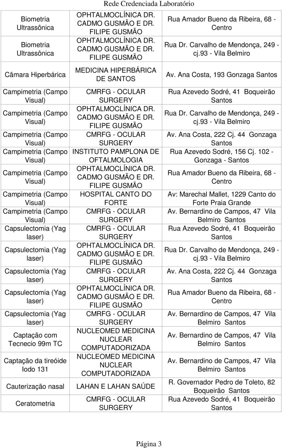 Tecnecio 99m TC Captação da tireóide Iodo 131 Cauterização nasal Ceratometria Rede Credenciada Laboratório MEDICINA HIPERBÁRICA DE SANTOS INSTITUTO PAMPLONA DE OFTALMOLOGIA HOSPITAL CANTO DO LAHAN E