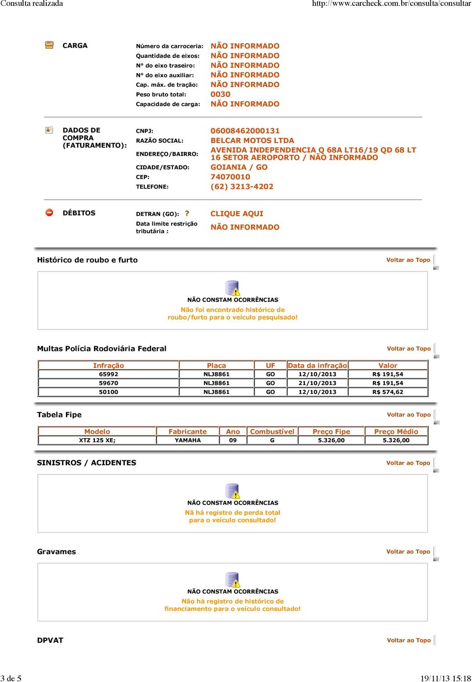 LT 16 SETOR AEROPORTO / CIDADE/ESTADO: GOIANIA / GO CEP: 74070010 TELEFONE: (62) 3213-4202 DÉBITOS DETRAN (GO):?