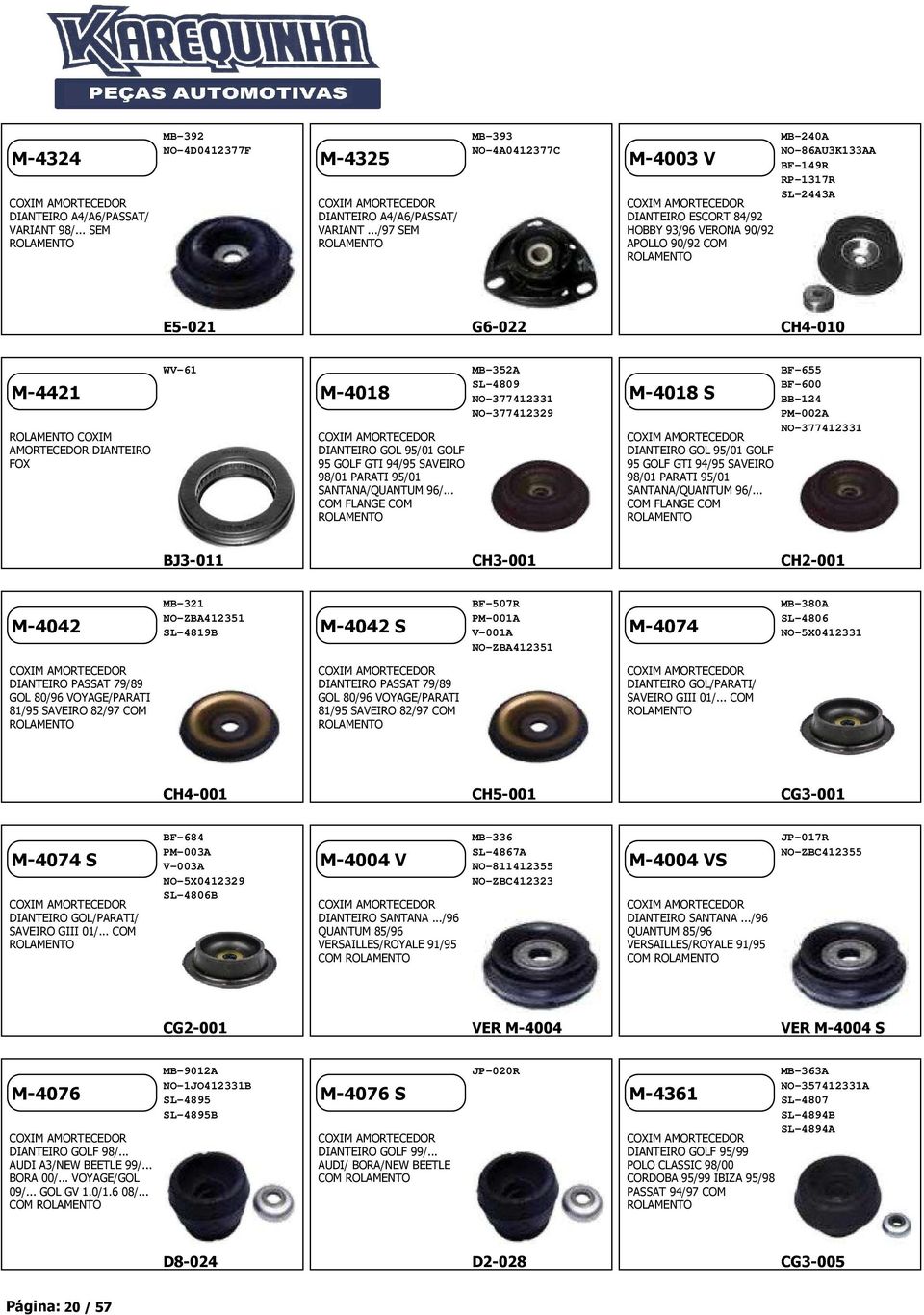 G6-022 CH4-010 M-4421 ROLAMENTO COXIM AMORTECEDOR DIANTEIRO FOX WV-61 M-4018 COXIM AMORTECEDOR DIANTEIRO GOL 95/01 GOLF 95 GOLF GTI 94/95 SAVEIRO 98/01 PARATI 95/01 SANTANA/QUANTUM 96/.