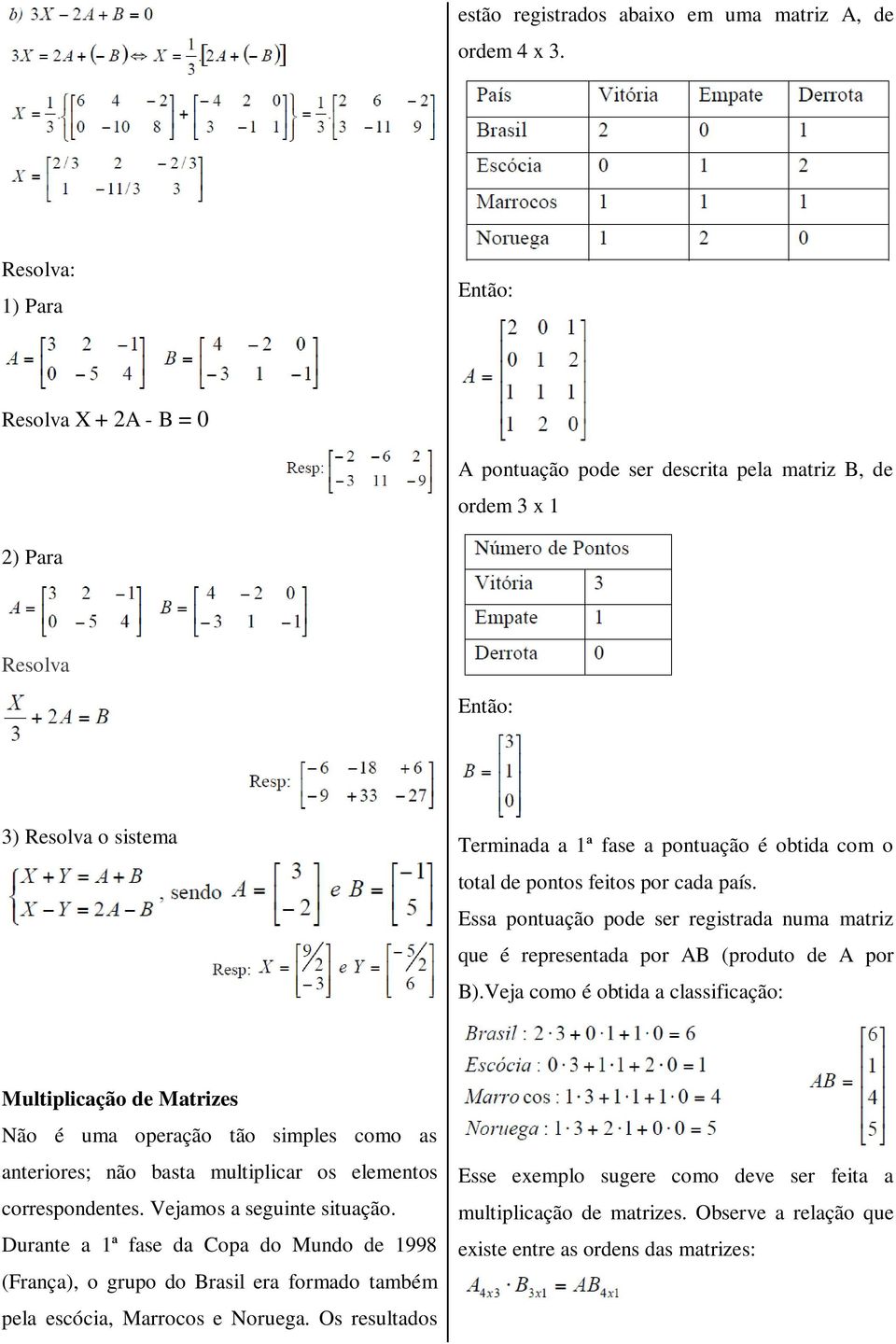 total de pontos feitos por cada país. Essa pontuação pode ser registrada numa matriz que é representada por AB (produto de A por B).