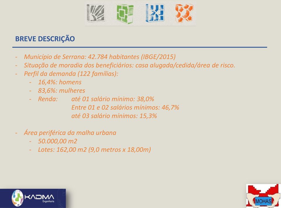 - Perfil da demanda (122 famílias): - 16,4%: homens - 83,6%: mulheres - Renda: até 01 salário mínimo: