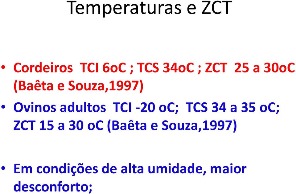 TCI -20 oc; TCS 34 a 35 oc; ZCT 15 a 30 oc (Baêta e