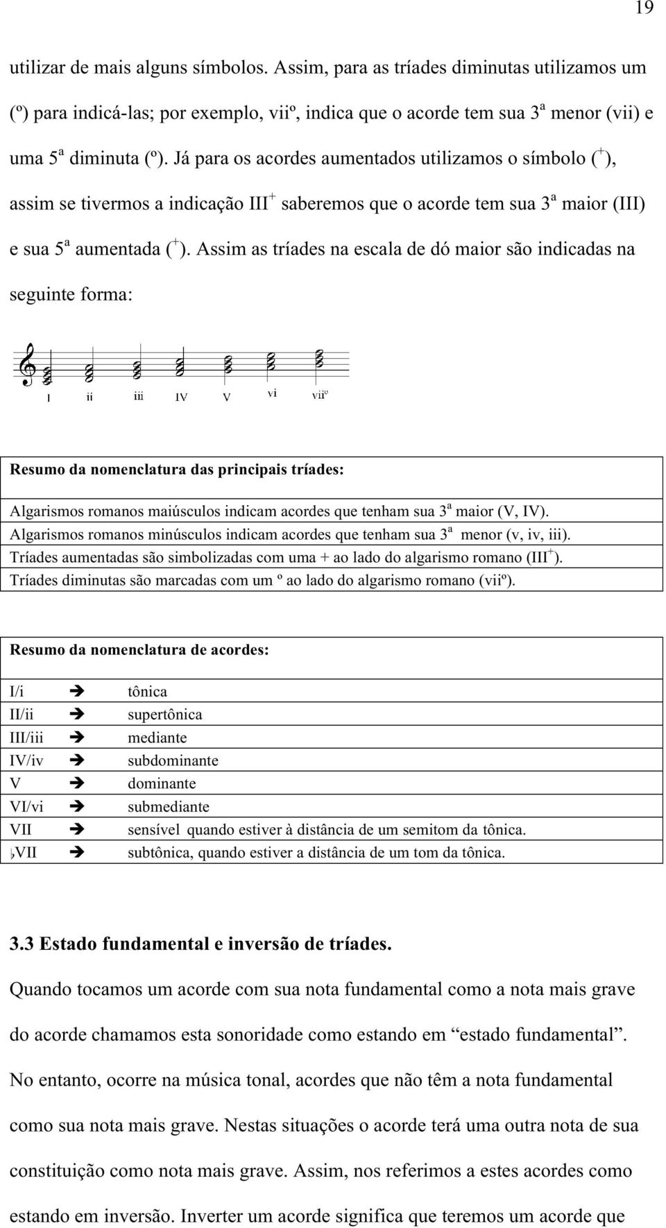 Assim as tríades na escala de dó maior são indicadas na seguinte forma: Resumo da nomenclatura das principais tríades: Algarismos romanos maiúsculos indicam acordes que tenham sua 3 a maior (V, IV).