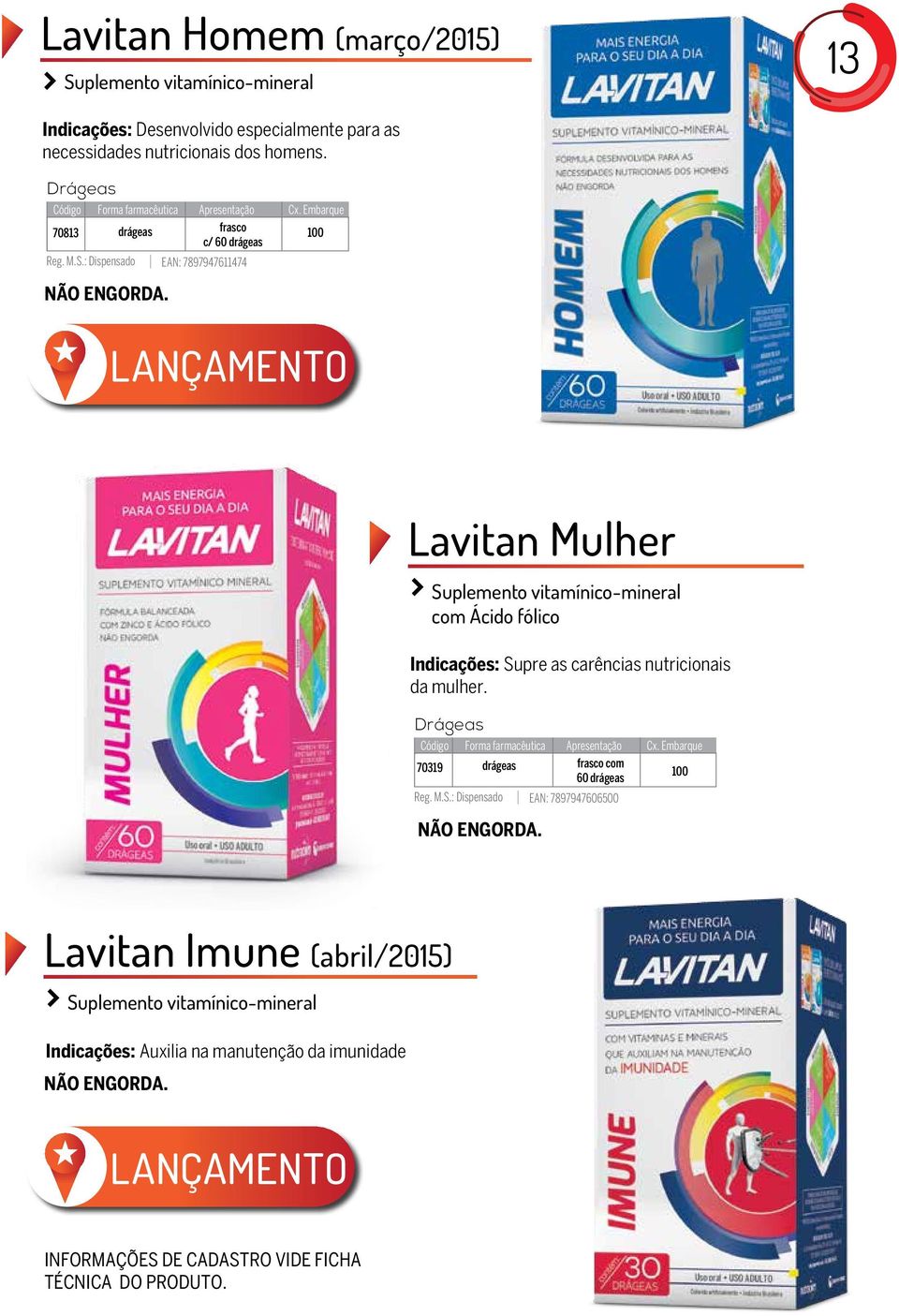 LANÇAMENTO Lavitan Mulher Suplemento vitamínico-mineral com Ácido fólico Indicações: Supre as carências nutricionais da mulher.