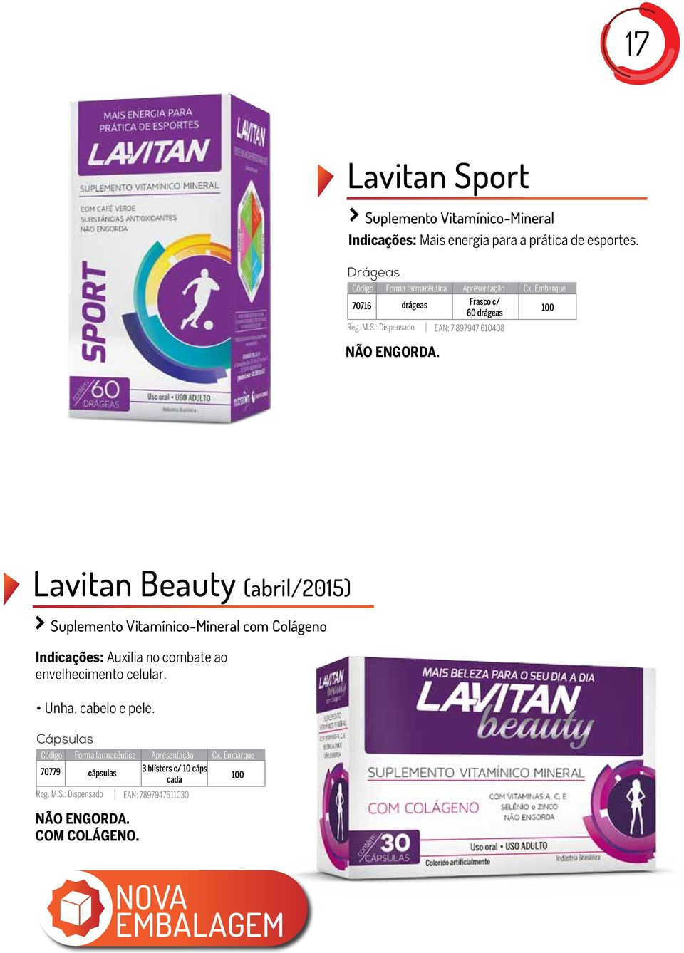 Lavitan Beauty (abril/2015) Suplemento Vitamínico-Mineral com Colágeno Indicações: Auxilia no combate ao envelhecimento