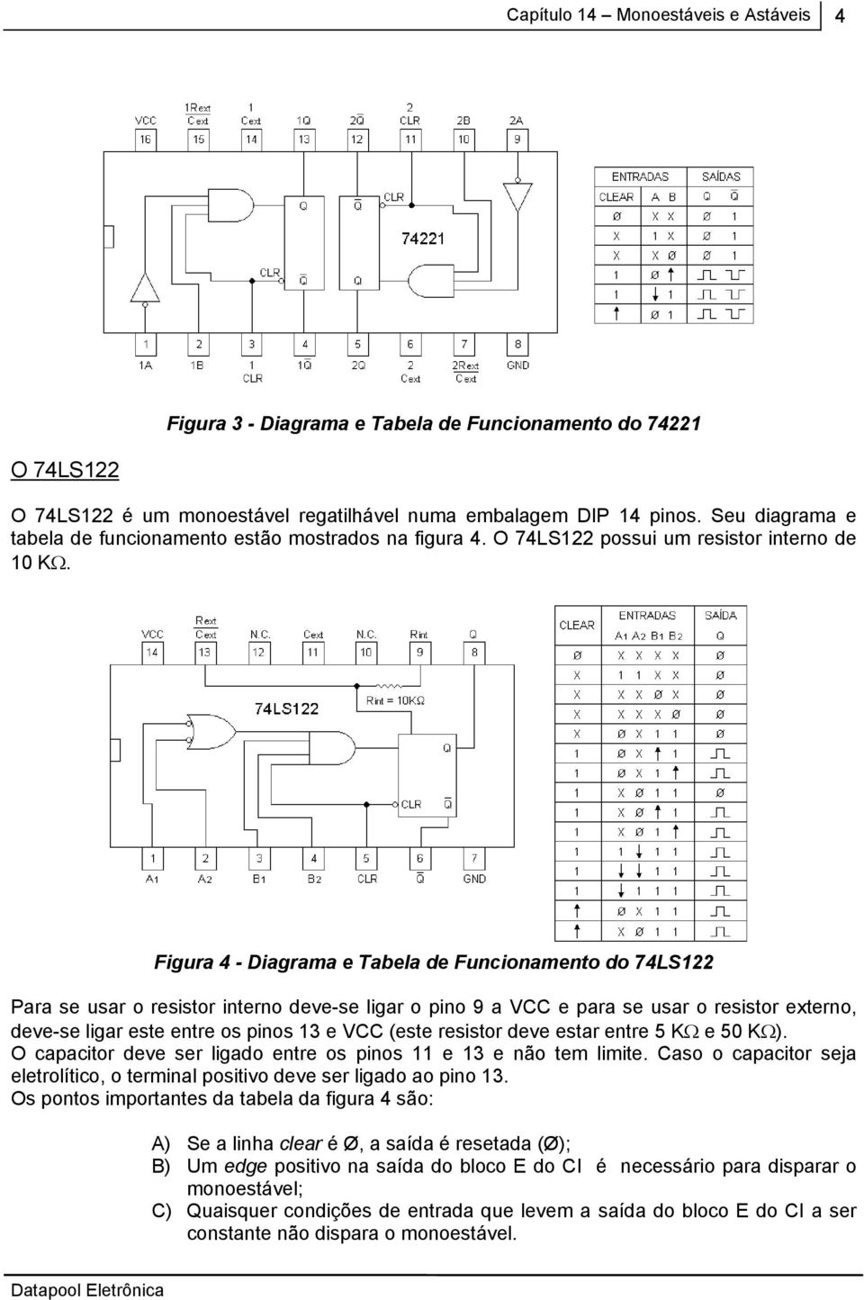 Figura 4 - Diagrama e Tabela de Funcionamento do 74LS122 Para se usar o resistor interno deve-se ligar o pino 9 a VCC e para se usar o resistor externo, deve-se ligar este entre os pinos 13 e VCC