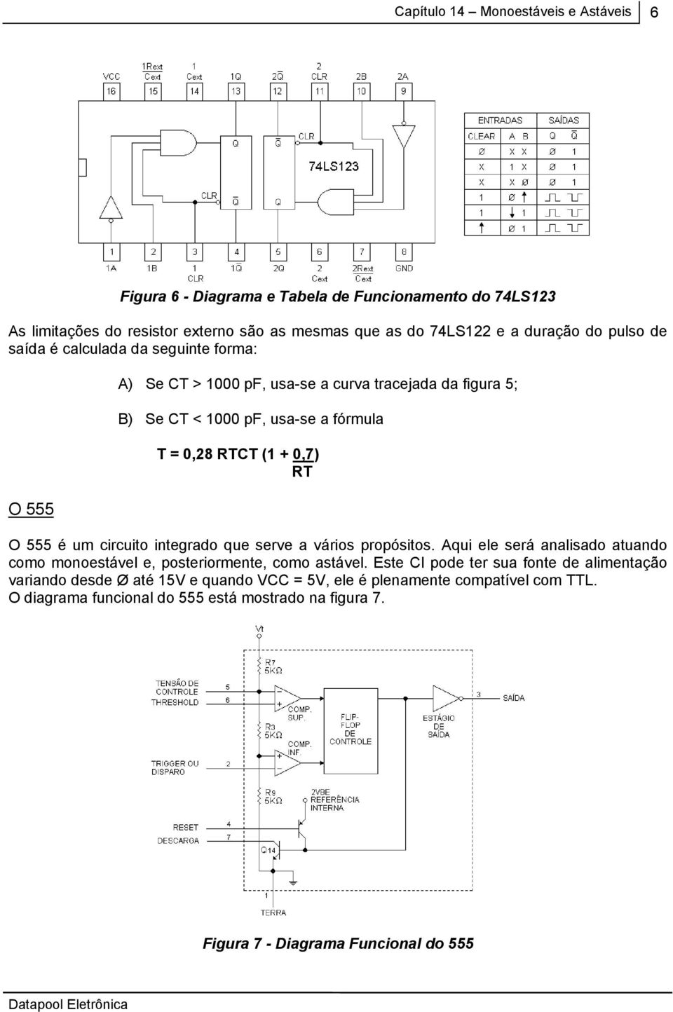 integrado que serve a vários propósitos. Aqui ele será analisado atuando como monoestável e, posteriormente, como astável.