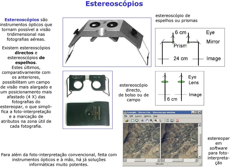 Estes últimos, comparativamente com os anteriores, possibilitam um campo de visão mais alargado e um posicionamento mais afastado (4 X) das fotografias do estereopar, o que