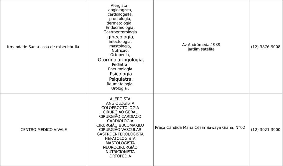 Psiquiatra, Reumatologia, Urologia.