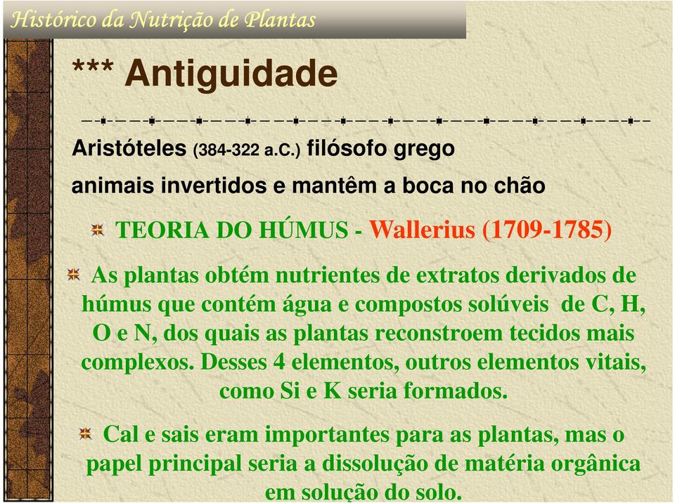 ) filósofo grego animais invertidos e mantêm a boca no chão TEORIA DO HÚMUS - Wallerius (1709-1785) As plantas obtém nutrientes de