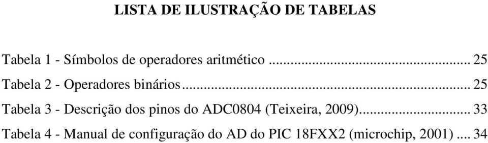 .. 25 Tabela 3 - Descrição dos pinos do ADC0804 (Teixeira, 2009).