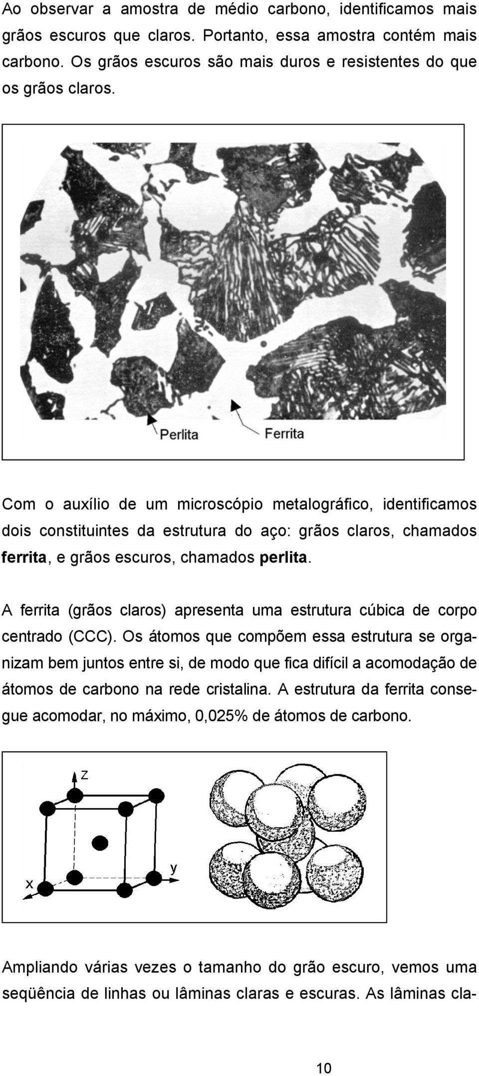 A ferrita (grãos claros) apresenta uma estrutura cúbica de corpo centrado (CCC).