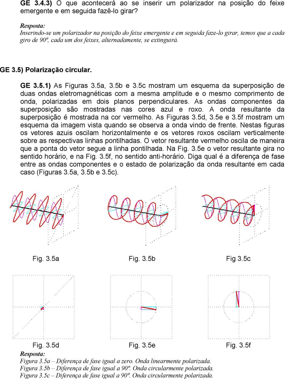 5a,.5b e.5c mostram um esquema da superposição de duas ondas eletromagnéticas com a mesma amplitude e o mesmo comprimento de onda, polarizadas em dois planos perpendiculares.