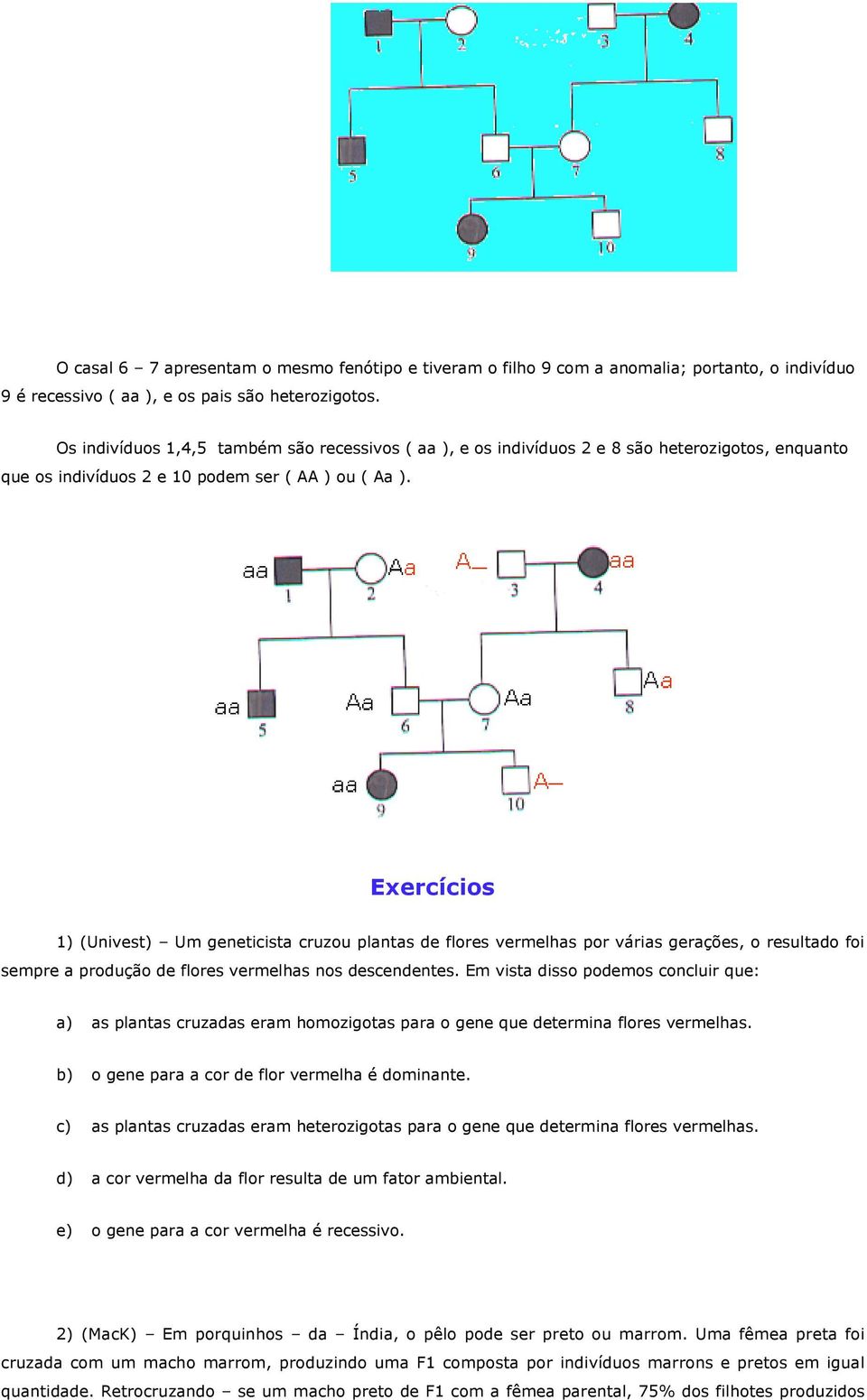 Exercícios 1) (Univest) Um geneticista cruzou plantas de flores vermelhas por várias gerações, o resultado foi sempre a produção de flores vermelhas nos descendentes.