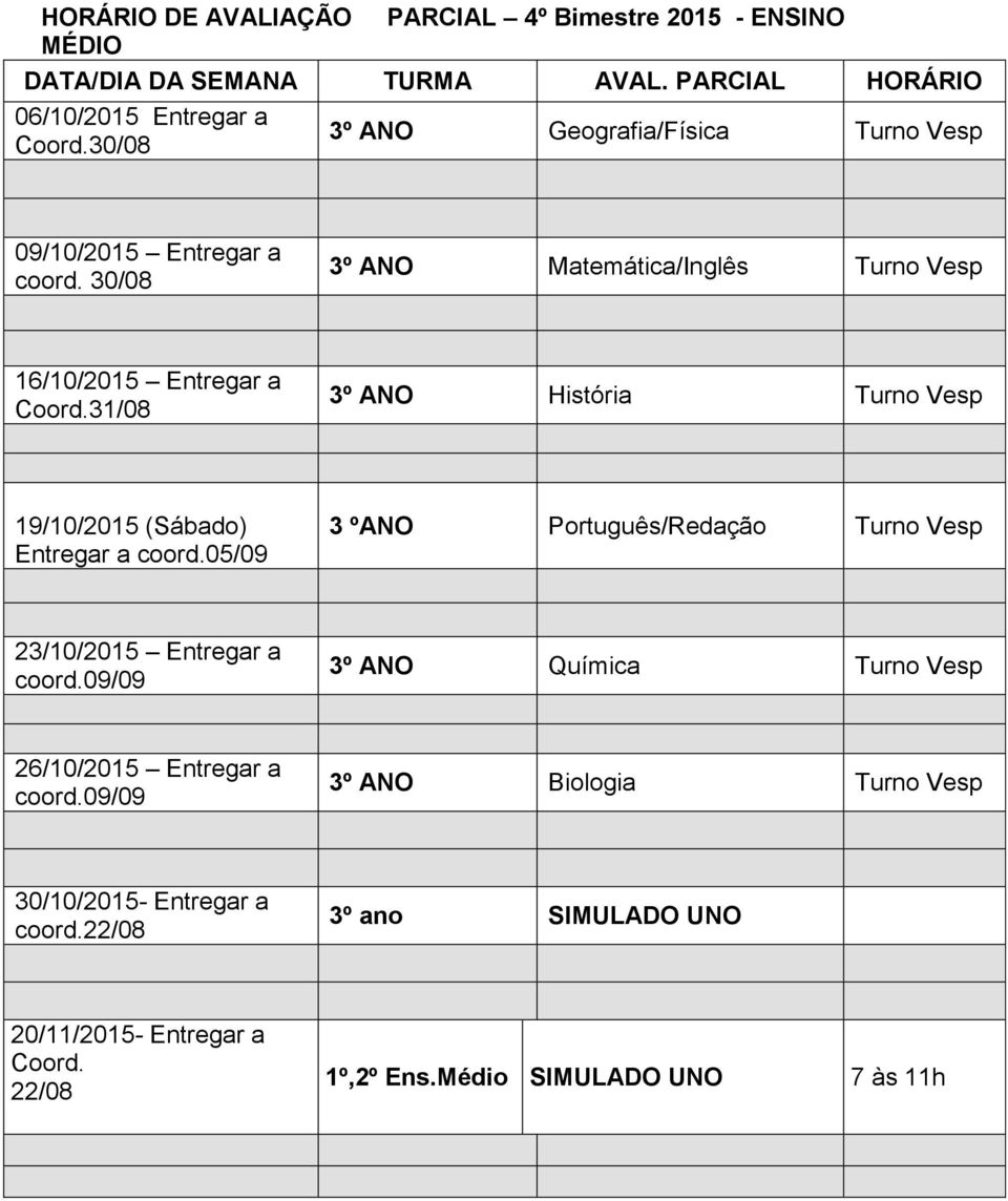 31/08 3º ANO História Turno Vesp 19/10/2015 (Sábado) Entregar a coord.05/09 3 ºANO Português/Redação Turno Vesp 23/10/2015 Entregar a coord.