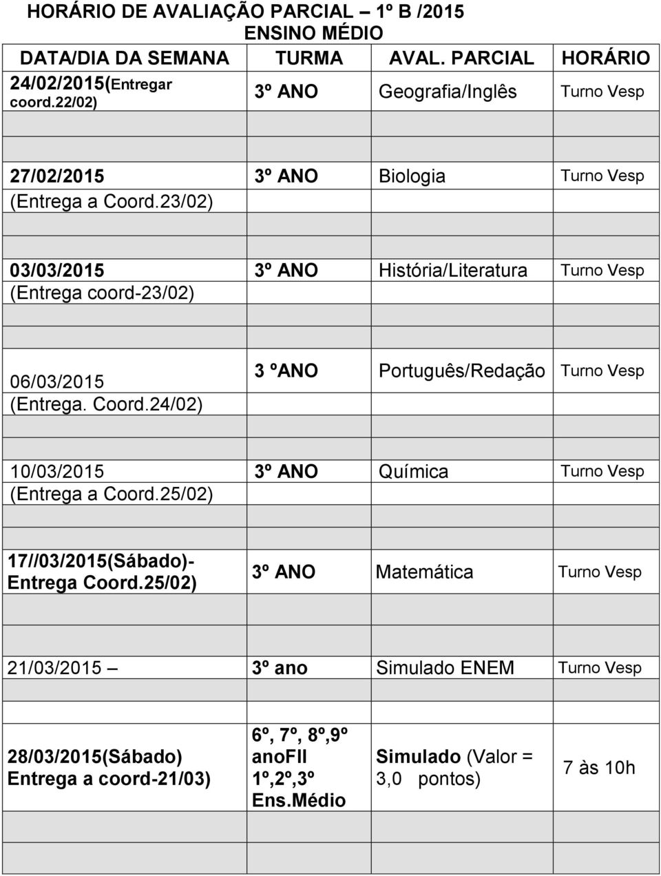 23/02) 03/03/2015 3º ANO História/Literatura Turno Vesp (Entrega coord-23/02) 06/03/2015 (Entrega. Coord.