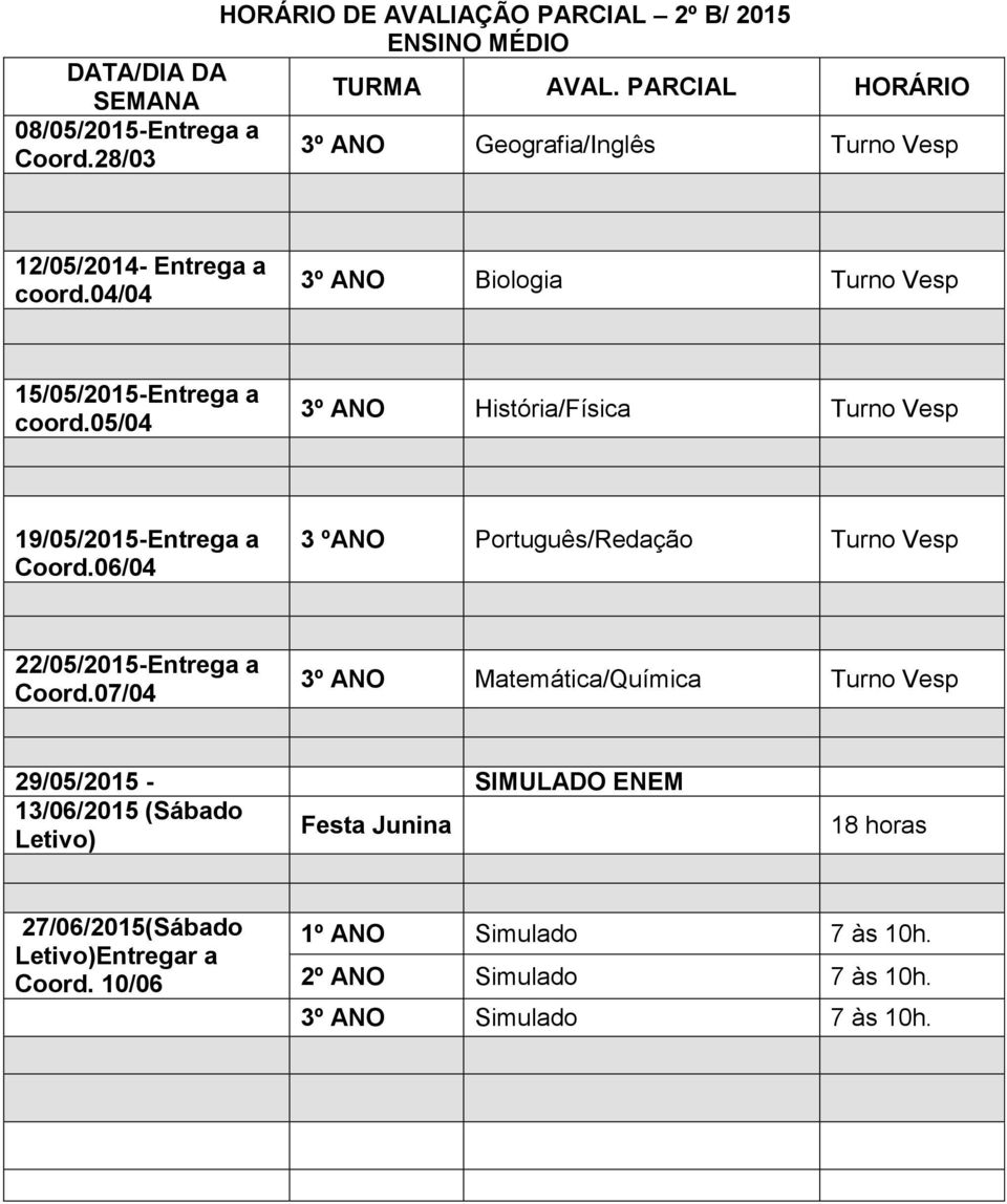 05/04 3º ANO História/Física Turno Vesp 19/05/2015-Entrega a Coord.06/04 3 ºANO Português/Redação Turno Vesp 22/05/2015-Entrega a Coord.