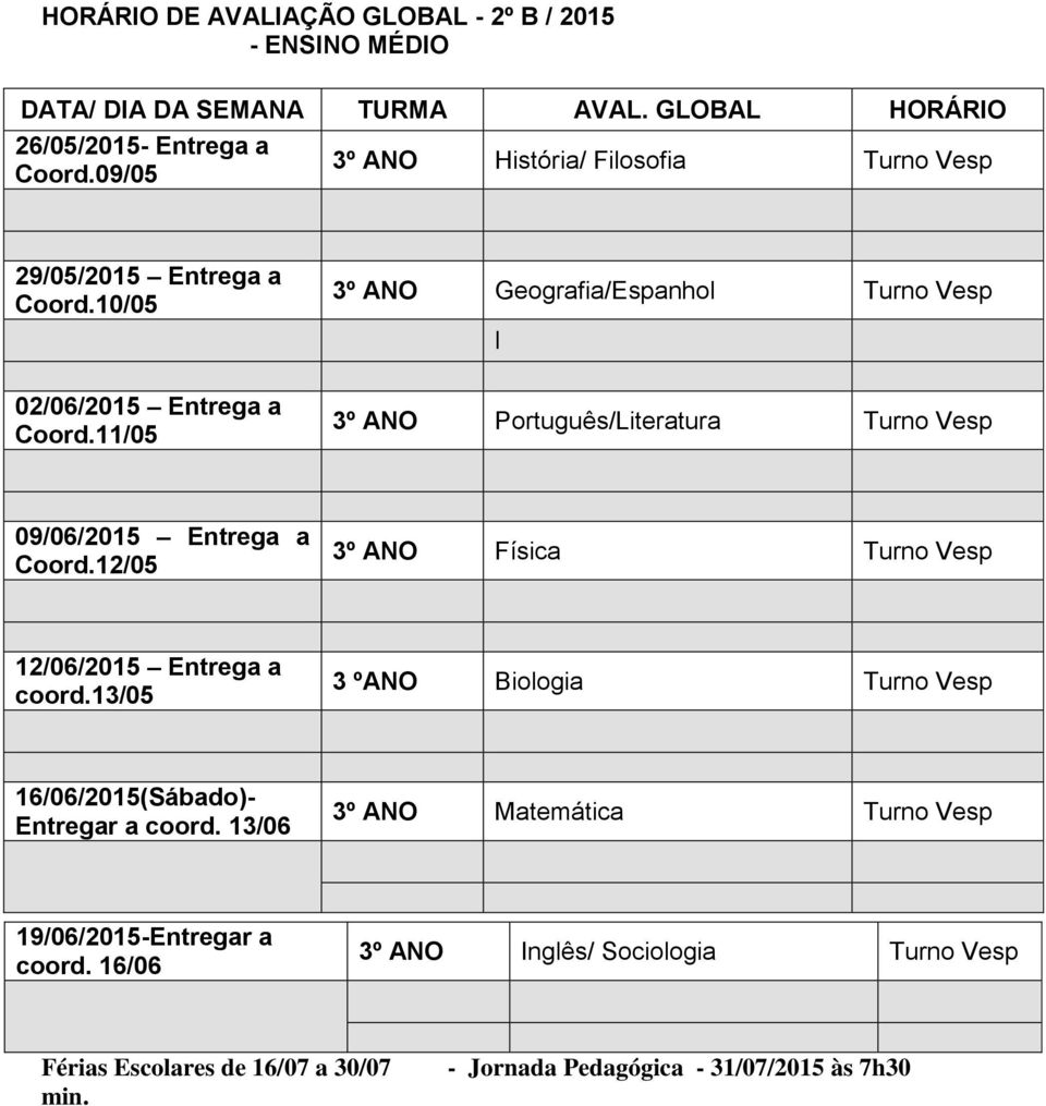 11/05 3º ANO Geografia/Espanhol Turno Vesp l 3º ANO Português/Literatura Turno Vesp 09/06/2015 Entrega a Coord.