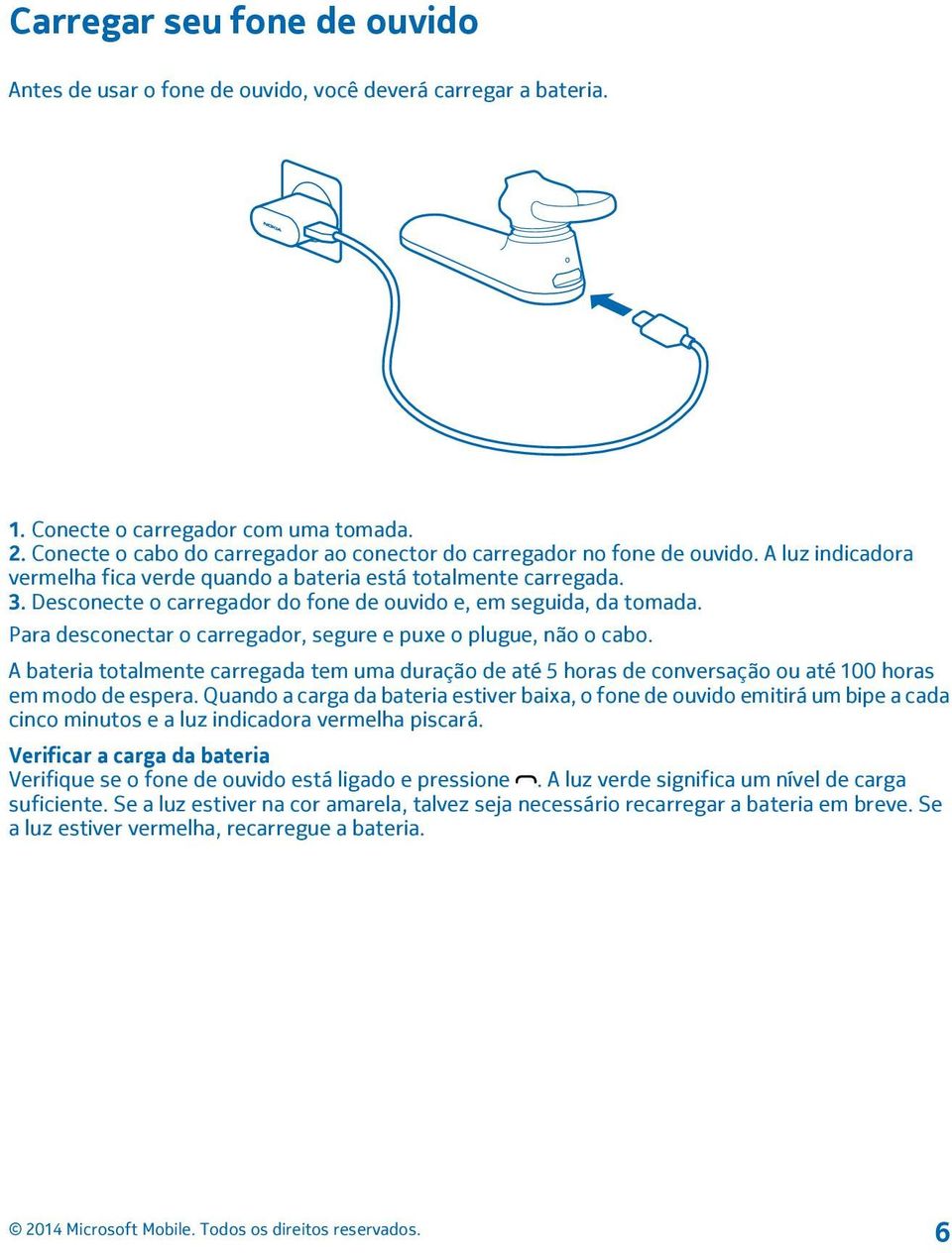 Desconecte o carregador do fone de ouvido e, em seguida, da tomada. Para desconectar o carregador, segure e puxe o plugue, não o cabo.