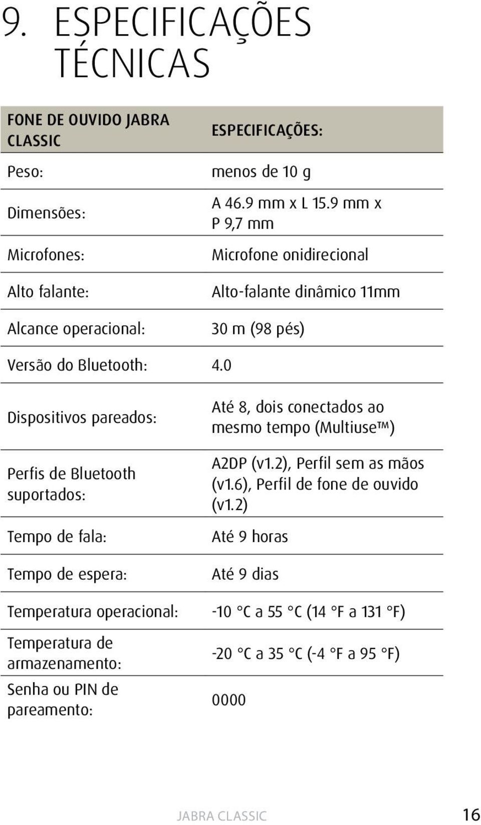 0 Dispositivos pareados: Perfis de Bluetooth suportados: Tempo de fala: Tempo de espera: Temperatura operacional: Temperatura de armazenamento: Senha ou PIN de