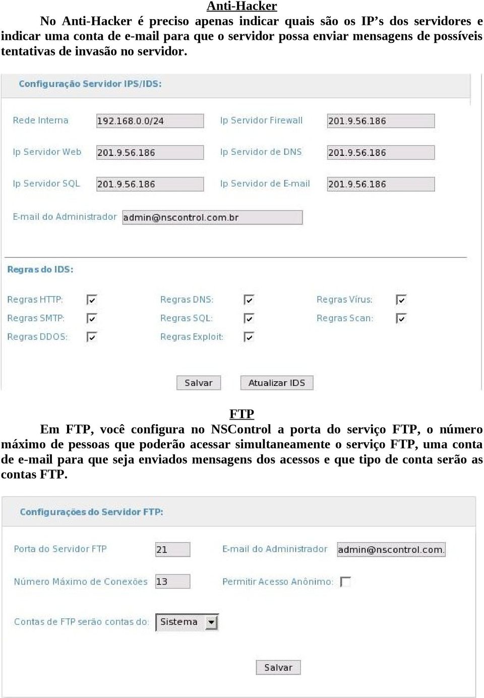 FTP Em FTP, você configura no NSControl a porta do serviço FTP, o número máximo de pessoas que poderão acessar