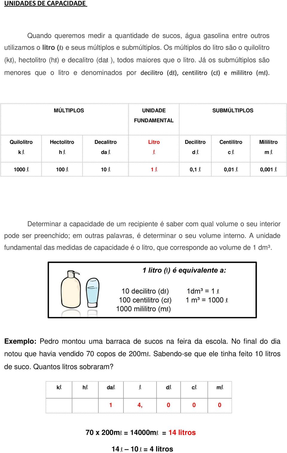 Já os submúltiplos são menores que o litro e denominados por decilitro (dl), centilitro (cl) e mililitro (ml).