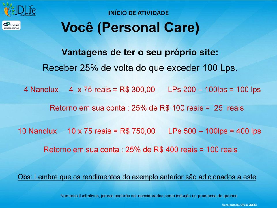 75 reais = R$ 750,00 LPs 500 100lps = 400 lps Retorno em sua conta : 2 de R$ 400 reais = 100 reais Obs: Lembre que os