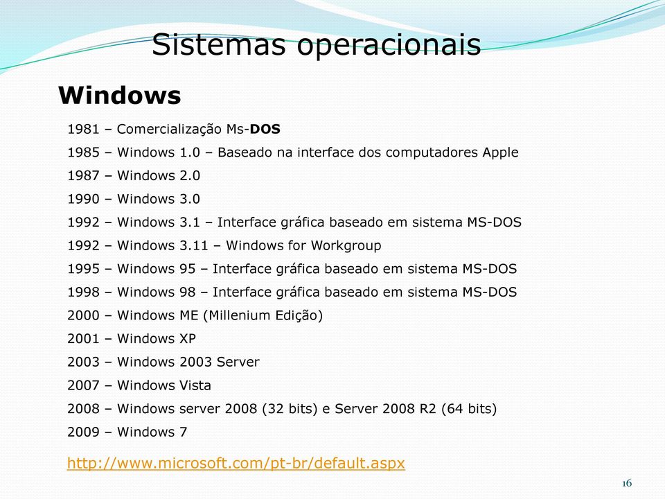 11 Windows for Workgroup 1995 Windows 95 Interface gráfica baseado em sistema MS-DOS 1998 Windows 98 Interface gráfica baseado em sistema MS-DOS