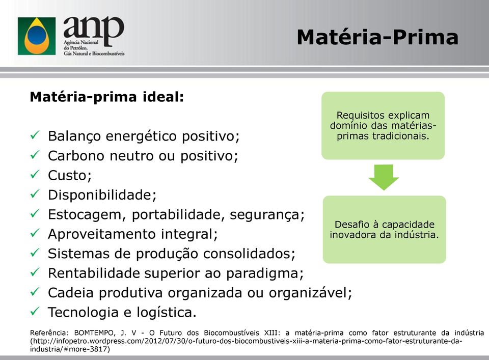 Requisitos explicam domínio das matériasprimas tradicionais. Desafio à capacidade inovadora da indústria. Referência: BOMTEMPO, J.