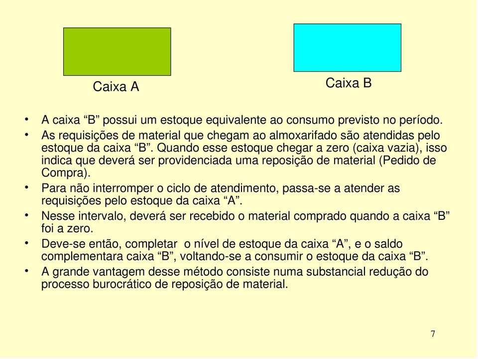 Para não interromper o ciclo de atendimento, passa-se a atender as requisições pelo estoque da caixa A. Nesse intervalo, deverá ser recebido o material comprado quando a caixa B foi a zero.