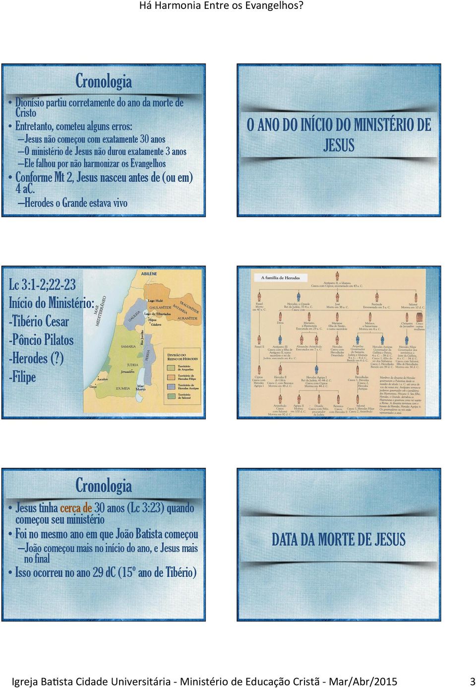 Herodes o Grande estava vivo Lc 3:1-2;22-23 Início do Ministério: -Tibério Cesar -Pôncio Pilatos -Herodes (?