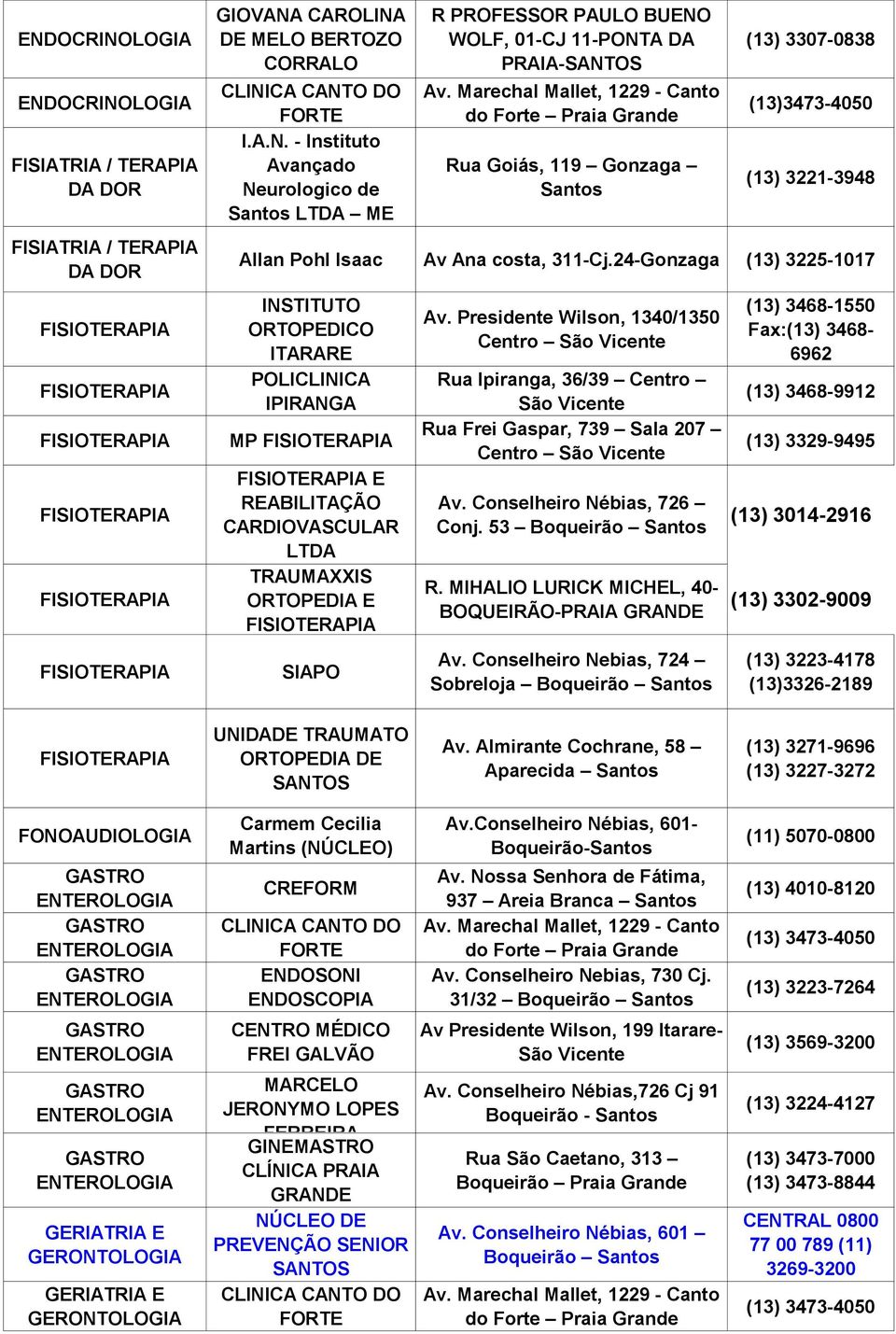 24-Gonzaga (13) 3225-1017 INSTITUTO ORTOPEDICO ITARARE MP E REABILITAÇÃO CARDIOVASCULAR LTDA TRAUMAXXIS SIAPO Av. Presidente Wilson, 1340/1350 Centro Rua Frei Gaspar, 739 Sala 207 Centro Av.